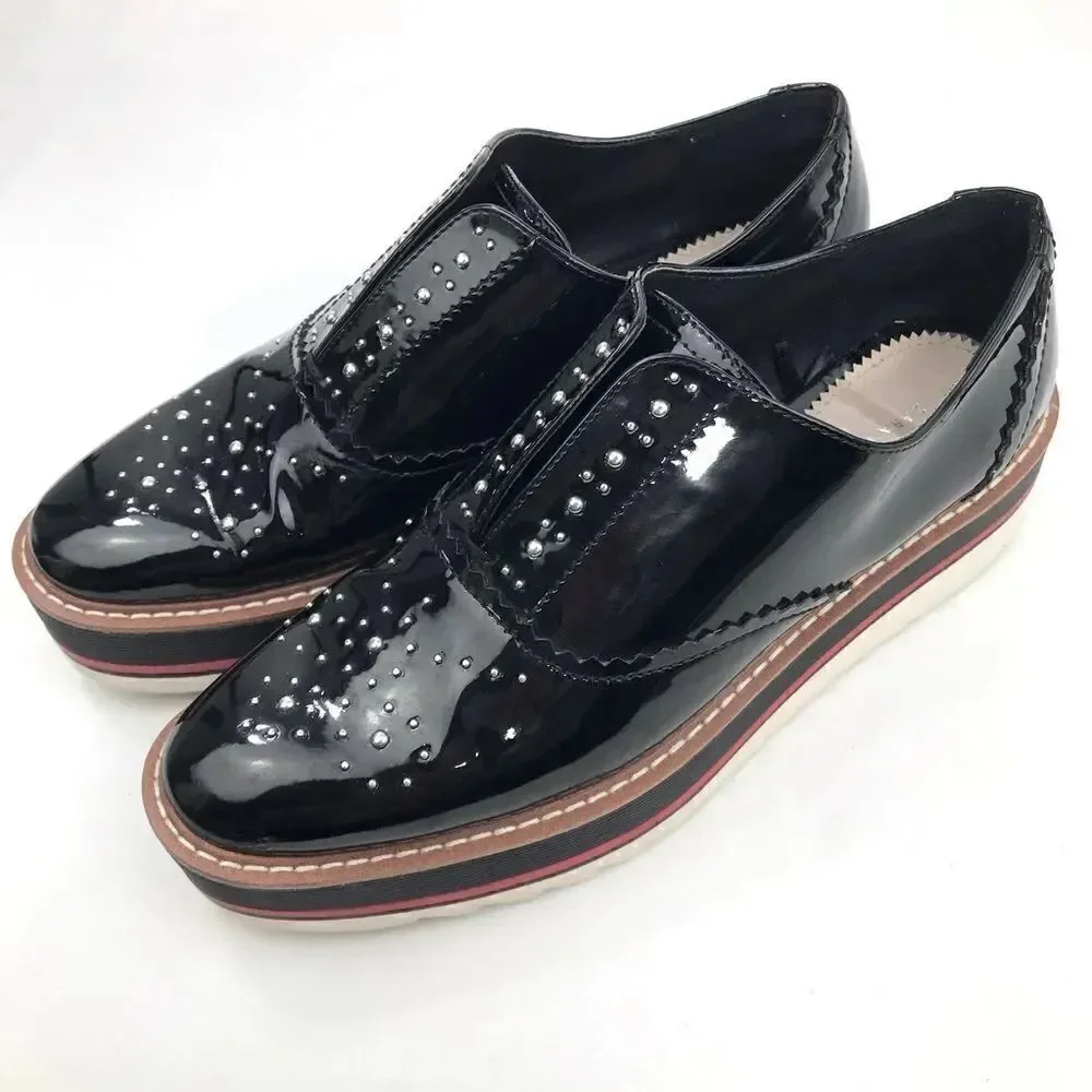 Zara Woman Black Patent Leather Silver Studded Platform Oxford Sneakers
